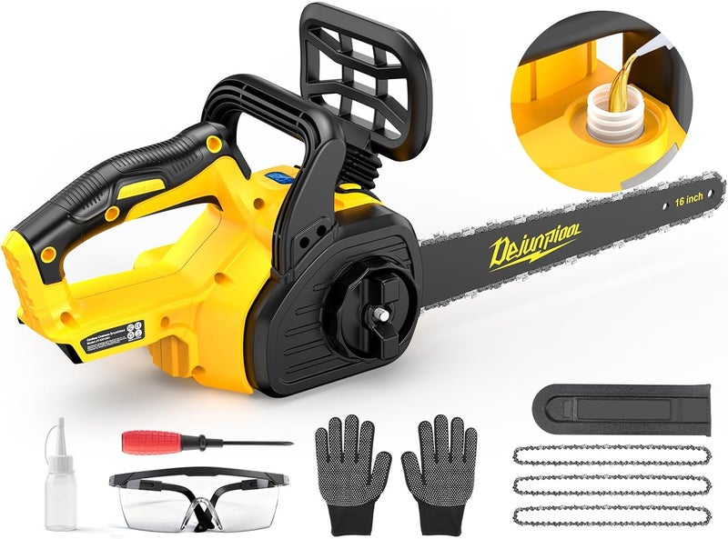 DEJUNPIOOL 16 Inch Electric Chainsaw Cordless Compatible with Dewalt 20V/60V MAX Battery (Tool Only), Brushless Chain Saw with Battery Level Screen, Auto Oiler, 3 Chains, Handheld Pruning Chainsaw Garden Tools - Image 1